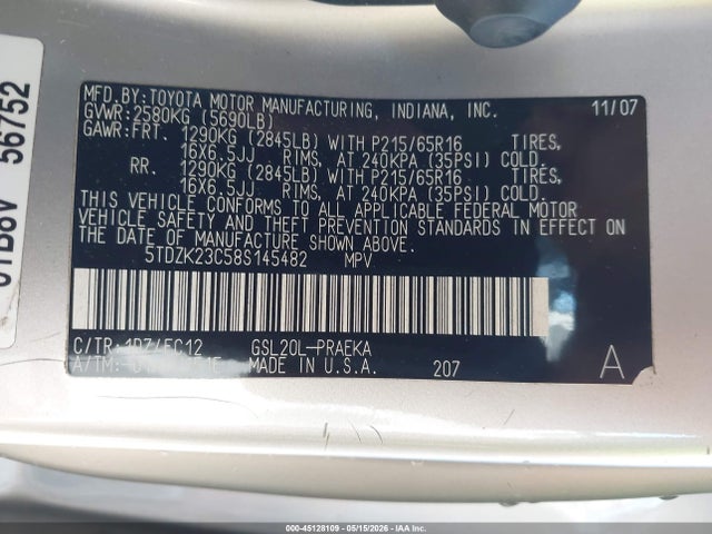 Продажа на аукционе авто 2008 Toyota Sienna Le, vin: 5TDZK23C58S145482, номер лота: 45128109