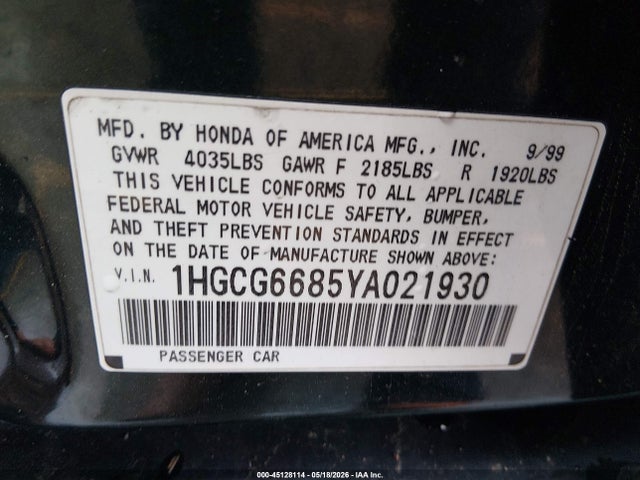 Aukcja sprzedaży 2000 Honda Accord 2.3 Ex, vin: 1HGCG6685YA021930, numer aukcji: 45128114