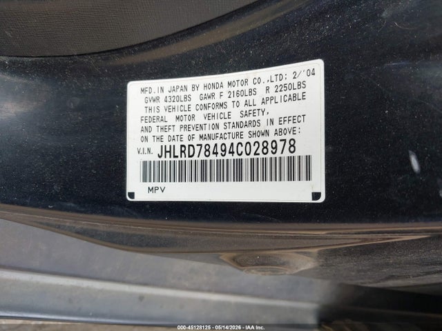 45128125 :رقم المزاد ، JHLRD78494C028978 vin ، 2004 Honda Cr-v Lx مزاد بيع