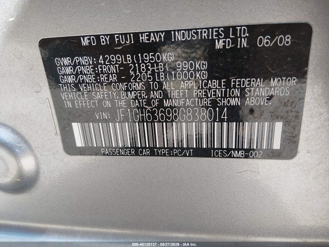 45128137 :رقم المزاد ، JF1GH63698G838014 vin ، 2008 Subaru Impreza Outback Sport مزاد بيع