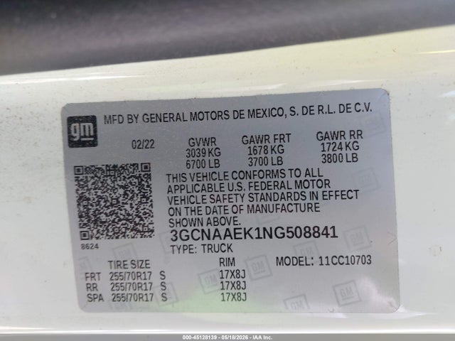 3GCNAAEK1NG508841 Chevrolet Silverado 1500 2wd Standard Bed Wt