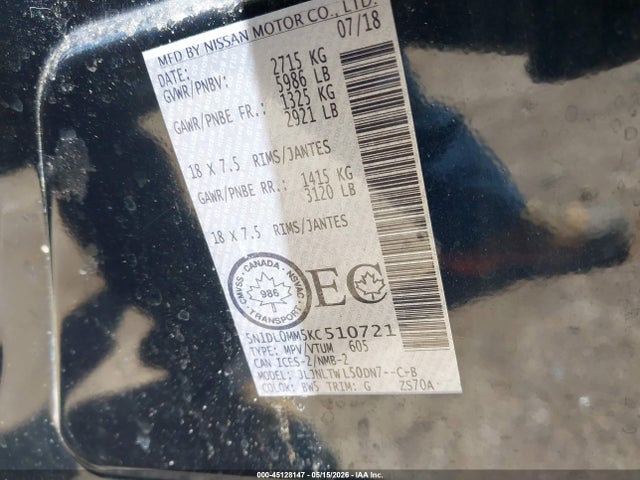 45128147 :رقم المزاد ، 5N1DL0MM5KC510721 vin ، 2019 Infiniti Qx60 Luxe/pure مزاد بيع