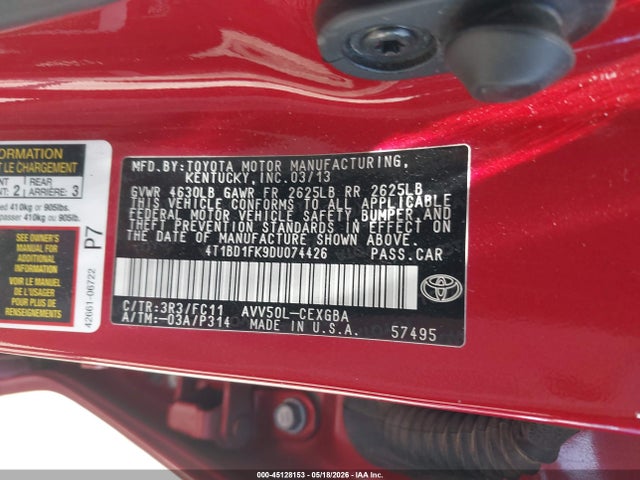 45128153 :رقم المزاد ، 4T1BD1FK9DU074426 vin ، 2013 Toyota Camry Hybrid Xle مزاد بيع