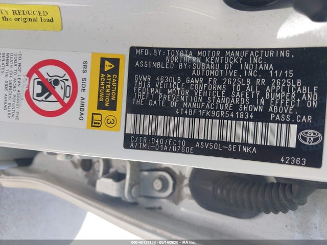45128158 :رقم المزاد ، 4T4BF1FK9GR541834 vin ، 2016 Toyota Camry Le مزاد بيع