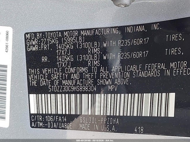 Aukcja sprzedaży 2017 Toyota Sienna L 7 Passenger, vin: 5TDZZ3DC9HS898304, numer aukcji: 45128169