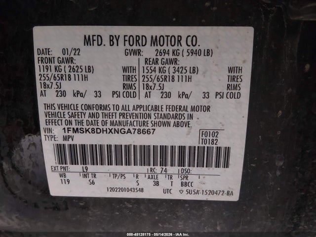 45128175 :رقم المزاد ، 1FMSK8DHXNGA78667 vin ، 2022 Ford Explorer Xlt مزاد بيع