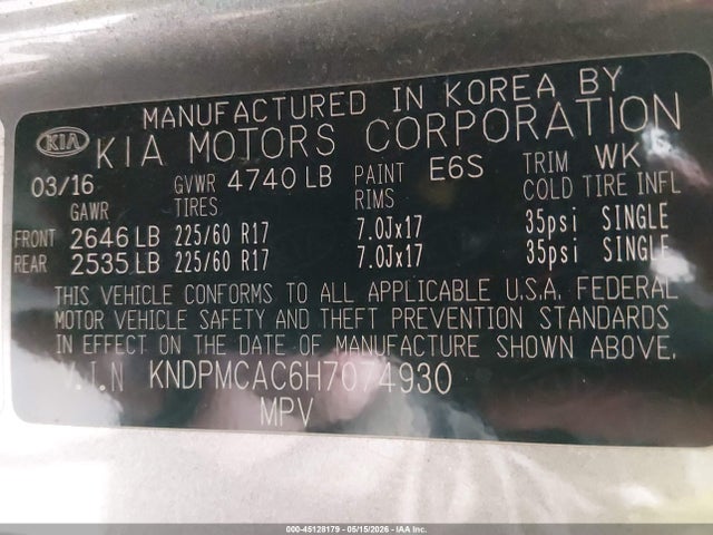 45128179 :رقم المزاد ، KNDPMCAC6H7074930 vin ، 2017 Kia Sportage Lx مزاد بيع