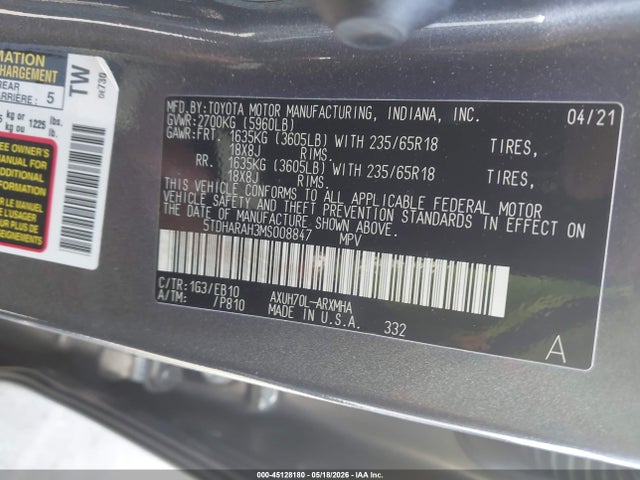 5TDHARAH3MS008847 Toyota Highlander Hybrid Xle