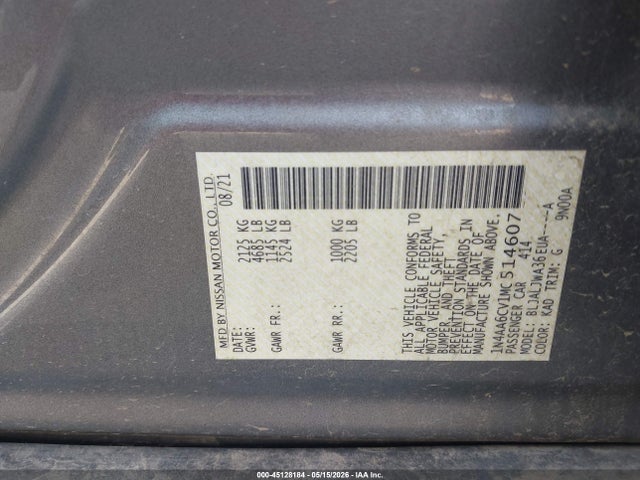 Aukcja sprzedaży 2021 Nissan Maxima Sv Xtronic Cvt, vin: 1N4AA6CV1MC514607, numer aukcji: 45128184