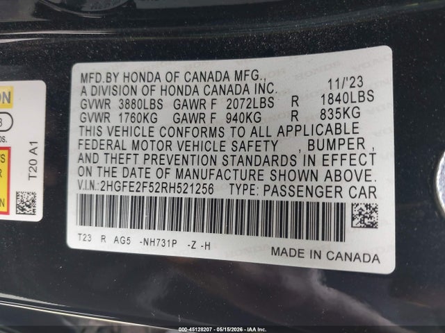 Продажа на аукционе авто 2024 Honda Civic Sport, vin: 2HGFE2F52RH521256, номер лота: 45128207