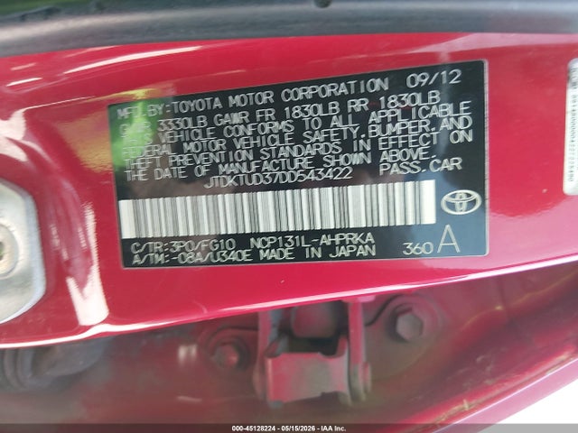45128224 :رقم المزاد ، JTDKTUD37DD543422 vin ، 2013 Toyota Yaris L مزاد بيع