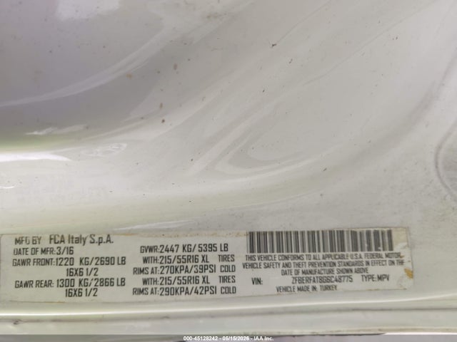 45128242 :رقم المزاد ، ZFBERFAT8G6C48775 vin ، 2016 Ram Promaster City Tradesman مزاد بيع