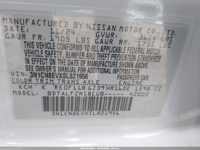Aukcja sprzedaży 2025 Nissan Versa 1.6 Sv, vin: 3N1CN8EVXSL821956, numer aukcji: 45128244
