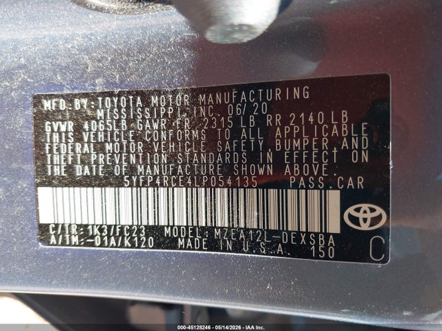 Aukcja sprzedaży 2020 Toyota Corolla Se, vin: 5YFP4RCE4LP054135, numer aukcji: 45128246
