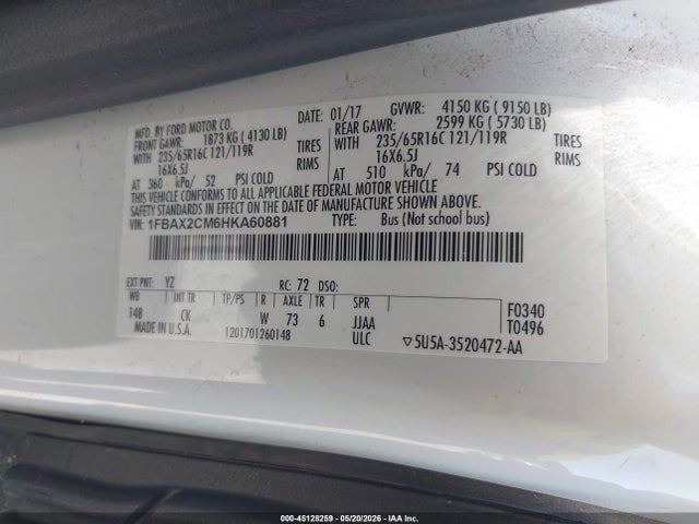 Aukcja sprzedaży 2017 Ford Transit-350 Xlt, vin: 1FBAX2CM6HKA60881, numer aukcji: 45128259