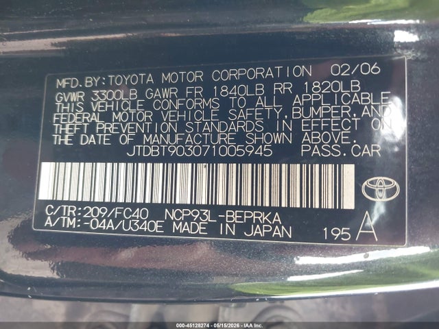 Aukcja sprzedaży 2007 Toyota Yaris, vin: JTDBT903071005945, numer aukcji: 45128274