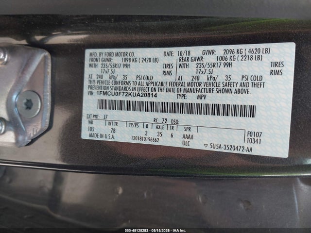 1FMCU0F72KUA20814 Ford ESCAPE S
