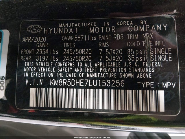2020 Hyundai Palisade Limited მანქანა იყიდება აუქციონზე, vin: KM8R5DHE7LU153256, აუქციონის ნომერი: 45128299