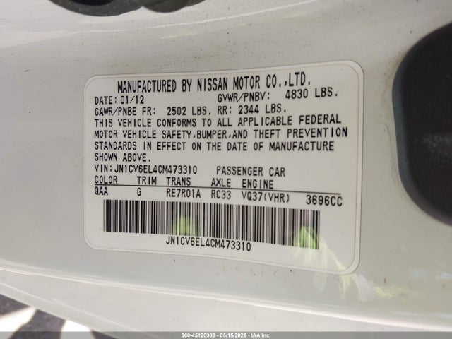 Продажа на аукционе авто 2012 Infiniti G37x, vin: JN1CV6EL4CM473310, номер лота: 45128308