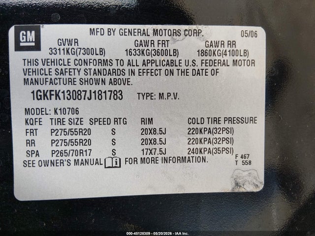 2007 Gmc Yukon Slt მანქანა იყიდება აუქციონზე, vin: 1GKFK13087J181783, აუქციონის ნომერი: 45128309