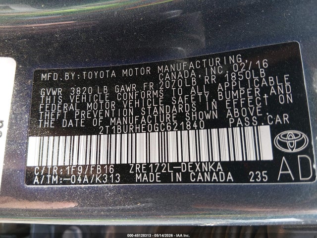 Toyota COROLLA LE 2016 2T1BURHE0GC621840 Image 9