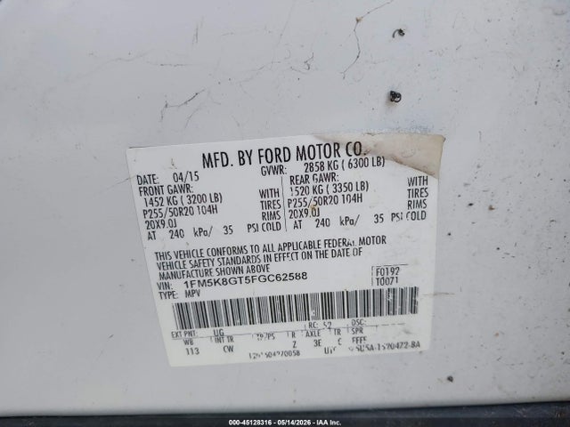 Продаж на аукціоні авто 2015 Ford Explorer Sport, vin: 1FM5K8GT5FGC62588, номер лоту: 45128316