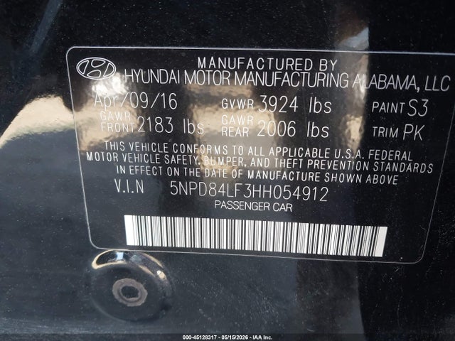 2017 Hyundai Elantra Limited მანქანა იყიდება აუქციონზე, vin: 5NPD84LF3HH054912, აუქციონის ნომერი: 45128317