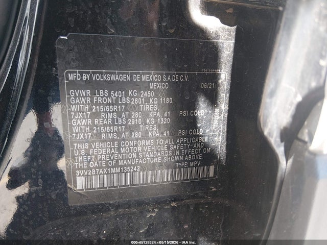 2021 Volkswagen Tiguan 2.0t Se/2.0t Se R-line Black/2.0t Sel მანქანა იყიდება აუქციონზე, vin: 3VV2B7AX1MM135242, აუქციონის ნომერი: 45128324