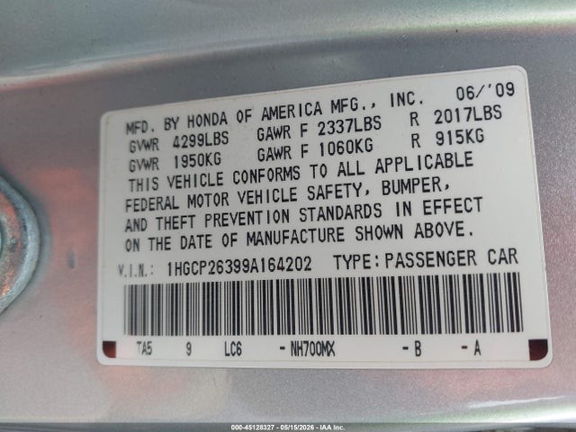 Продаж на аукціоні авто 2009 Honda Accord 2.4 Lx, vin: 1HGCP26399A164202, номер лоту: 45128327