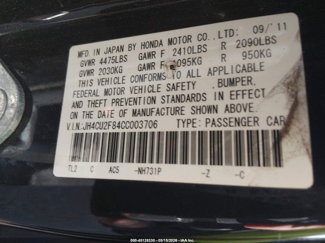 45128330 :رقم المزاد ، JH4CU2F84CC003706 vin ، 2012 Acura Tsx 2.4 مزاد بيع
