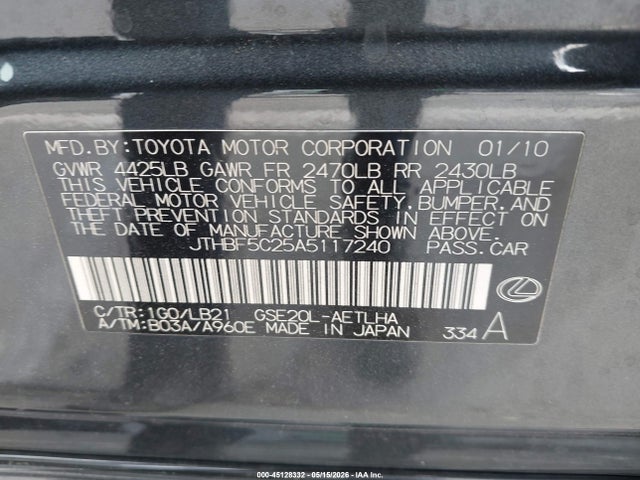 45128332 :رقم المزاد ، JTHBF5C25A5117240 vin ، 2010 Lexus Is 250 مزاد بيع