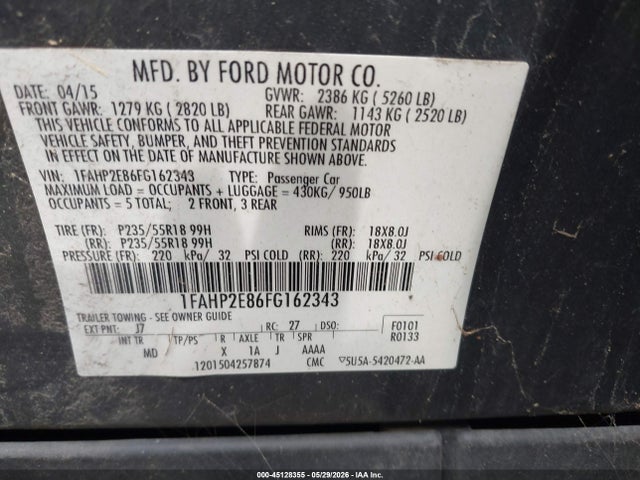 Продажа на аукционе авто 2015 Ford Taurus Sel, vin: 1FAHP2E86FG162343, номер лота: 45128355