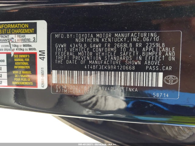 2011 Toyota Camry Le მანქანა იყიდება აუქციონზე, vin: 4T4BF3EK9BR120668, აუქციონის ნომერი: 45128371
