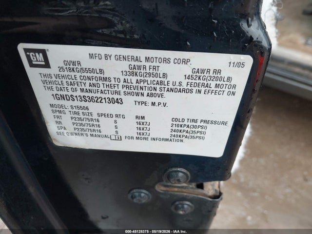 Auction sale of the 2006 Chevrolet Trailblazer Ls, vin: 1GNDS13S362213043, lot number: 45128375