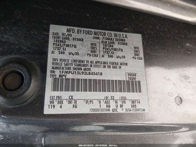 2003 Ford Expedition Xlt მანქანა იყიდება აუქციონზე, vin: 1FMPU15L93LB45418, აუქციონის ნომერი: 45128376