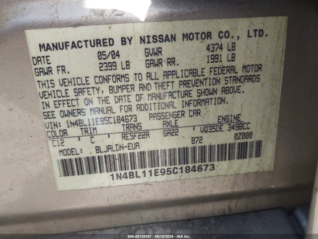 Продаж на аукціоні авто 2005 Nissan Altima 3.5 Sl, vin: 1N4BL11E95C184673, номер лоту: 45128391