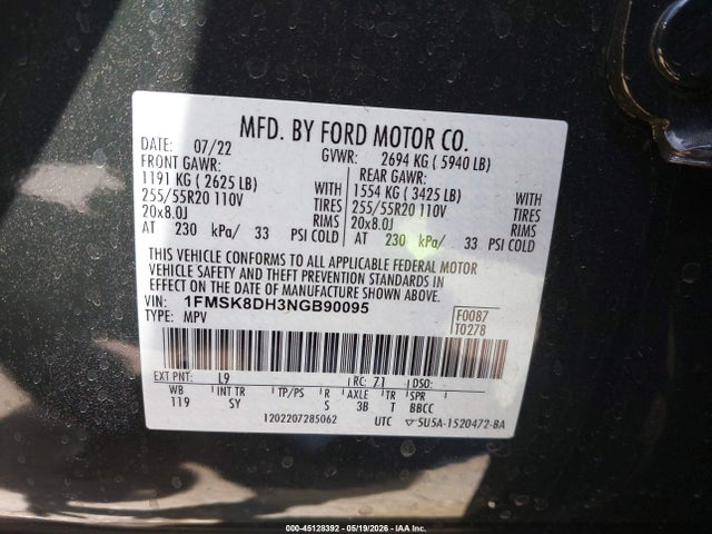 Ford EXPLORER XLT 2022 1FMSK8DH3NGB90095 Image 9
