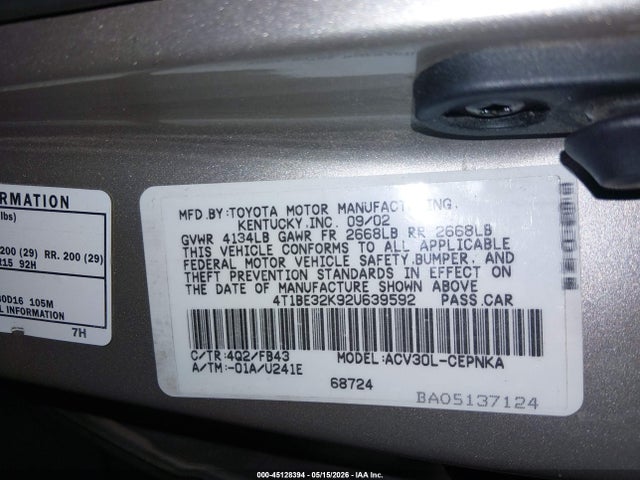 Aukcja sprzedaży 2002 Toyota Camry Le, vin: 4T1BE32K92U639592, numer aukcji: 45128394