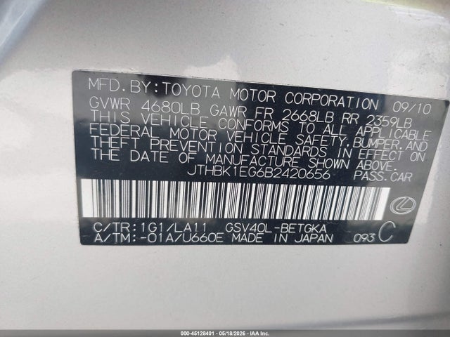 Aukcja sprzedaży 2011 Lexus Es 350, vin: JTHBK1EG6B2420656, numer aukcji: 45128401