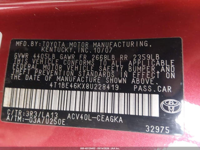 Aukcja sprzedaży 2008 Toyota Camry Xle, vin: 4T1BE46KX8U228419, numer aukcji: 45128402