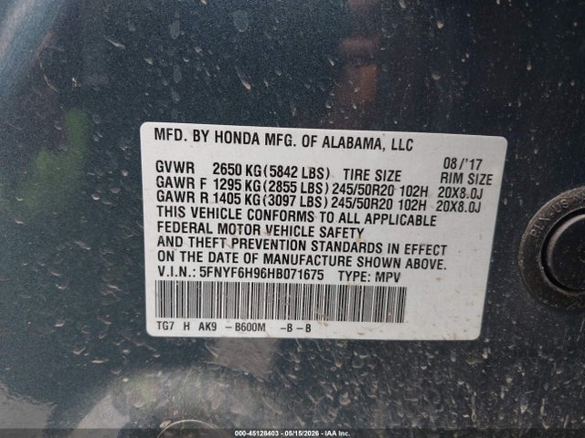 Aukcja sprzedaży 2017 Honda Pilot Touring, vin: 5FNYF6H96HB071675, numer aukcji: 45128403