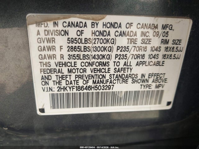 Продаж на аукціоні авто 2006 Honda Pilot Ex-l, vin: 2HKYF18646H503297, номер лоту: 45128404
