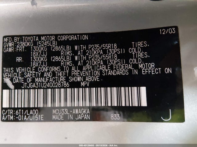 45128408 :رقم المزاد ، JTJGA31U240028786 vin ، 2004 Lexus Rx 330 مزاد بيع