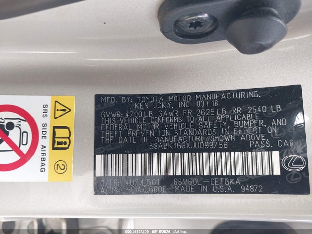 45128409 :رقم المزاد ، 58ABK1GGXJU099758 vin ، 2018 Lexus Es 350 مزاد بيع