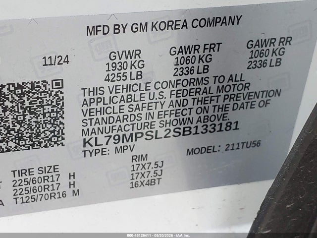 45128411 :رقم المزاد ، KL79MPSL2SB133181 vin ، 2025 Chevrolet Trailblazer Fwd Lt مزاد بيع