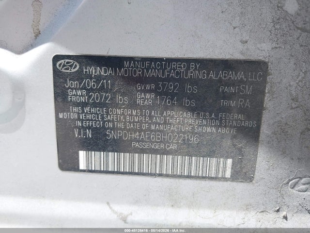 Aukcja sprzedaży 2011 Hyundai Elantra Gls, vin: 5NPDH4AE6BH022196, numer aukcji: 45128416