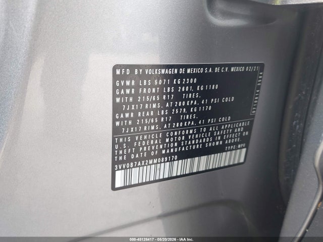 Aukcja sprzedaży 2021 Volkswagen Tiguan 2.0t S, vin: 3VV0B7AX2MM089170, numer aukcji: 45128417