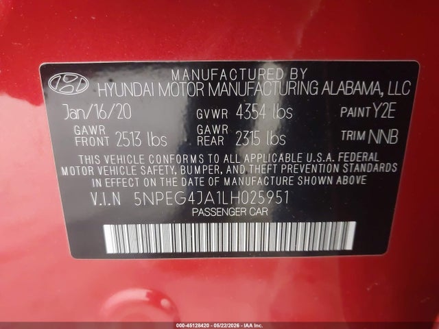 Aukcja sprzedaży 2020 Hyundai Sonata Se, vin: 5NPEG4JA1LH025951, numer aukcji: 45128420