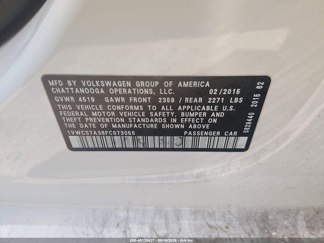 Продаж на аукціоні авто 2015 Volkswagen Passat 1.8t Sel Premium, vin: 1VWCS7A38FC073050, номер лоту: 45128427