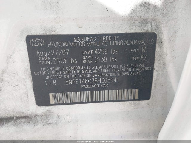 Продаж на аукціоні авто 2008 Hyundai Sonata Gls, vin: 5NPET46C38H365941, номер лоту: 45128437